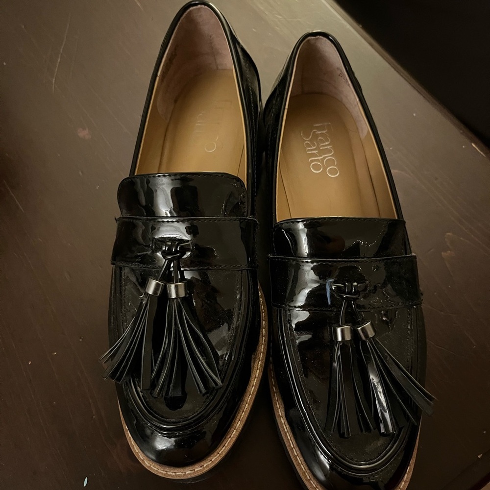 Franco Sarto Glossy Black Tassel Loafers
